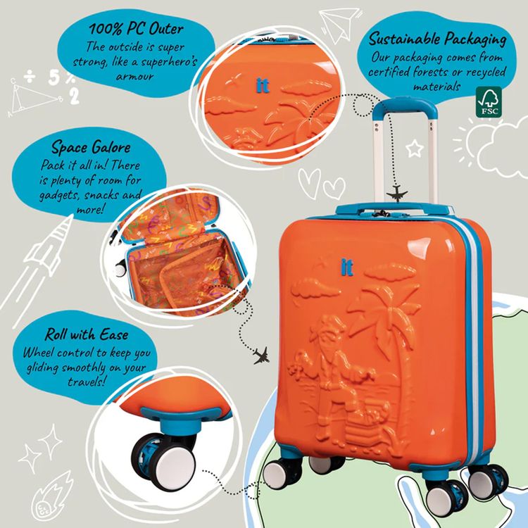 it Luggage Kids Model Treasure Trove Luggage, 24L Capacity, Underseat Size, Hard Outer Shell, Durable ABS with Polycarbonate Outer Material, 8-Wheel Spinner System, Telescopic Trolley Handle - Turmeric