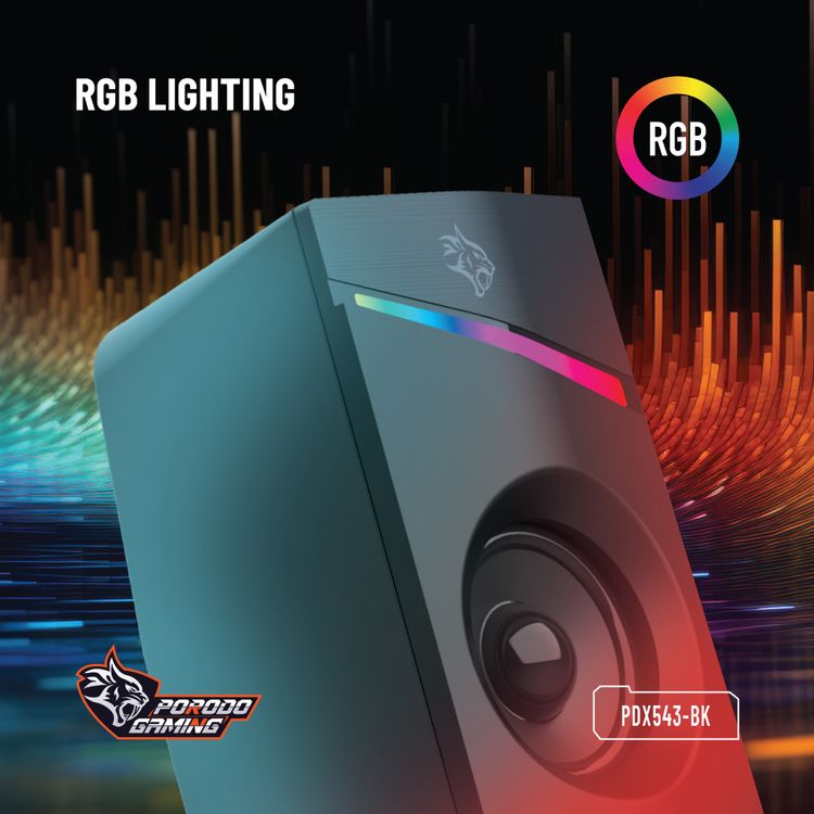  Porodo Gaming Stereo Speakers with Volume Knob Control, Broad Compatibility, Plug & Play, 6W Audio Output, 3.5mm  Audio Interface, 7 Colors Rainbow Lighting - Black