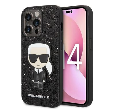 Karl Lagerfeld Glitter Flakes Case with Ikonik Patch Shockproof iPhone 14 Pro Compatibility - Black