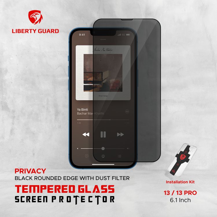 واقي شاشة كامل للخصوصية من Liberty Guard بحافة مستديرة سوداء مع فلتر غبار لهاتف iPhone 13 / 13 Pro