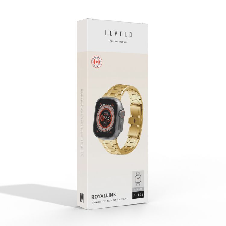 Levelo Royal Link Stainless Steel Watch Strap with Adjustment Tool for Apple Watch 49/45mm, Compatible with SE, Series 8, 7, 6, 5 & 4, Hypoallergenic Material - Gold