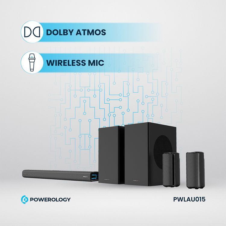 Powerology 5.2.4CH Home Theater Soundbar with Dolby Atmos, Wireless Subwoofer & Wireless, TV (ARC) Input, USB & AUX Port, Remote Control, LED Display - Black