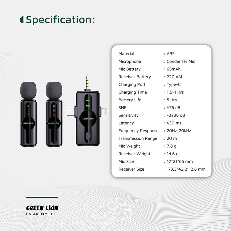 ميكروفون Green Lion GM-80X مع ميزة إلغاء الضوضاء بثلاث مستويات، وقت عمل يصل إلى 5 ساعات، زمن استجابة أقل من 30 ميلي ثانية، ميكروفونات مزدوجة، موصلات Type-C و AUX و Lightning - لون أسود