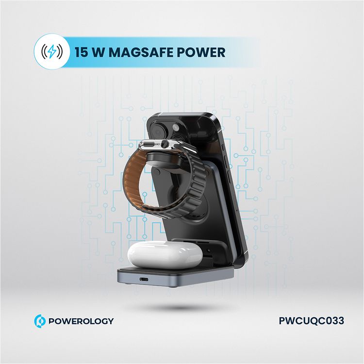Powerology 3-in-1 Foldable Wireless Magnetic Charging Hub, Fast Charging, Multi-Device, Horizontal & Vertical View, Type-C Input Interface, Lightweight & Portable, Qi2 for iPhone 15 & 16, 15W Magsafe Power, 2.5W Watch Power, 5W Earbuds Power, 9V/3A & 12V3A Input, Foldable Design - Black