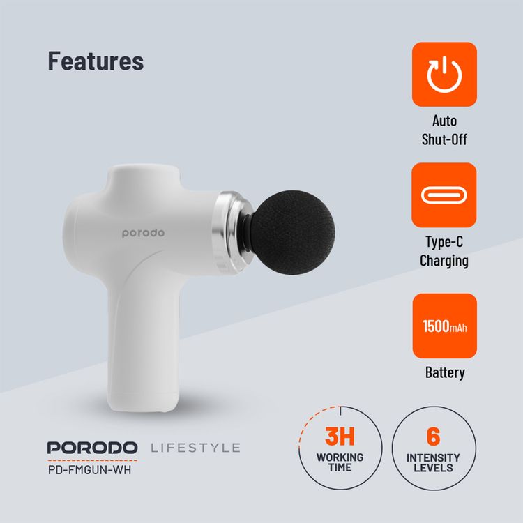 Porodo Lifestyle Precision Handheld Massager with 4 Interchangeable Heads, Up to 120 Minutes Working Time, 2 Hours Charging Time, Type-C Charging Port, 1500 mAh Battery Capacity, 15 W Rated Power, 6 Intensity Levels - White