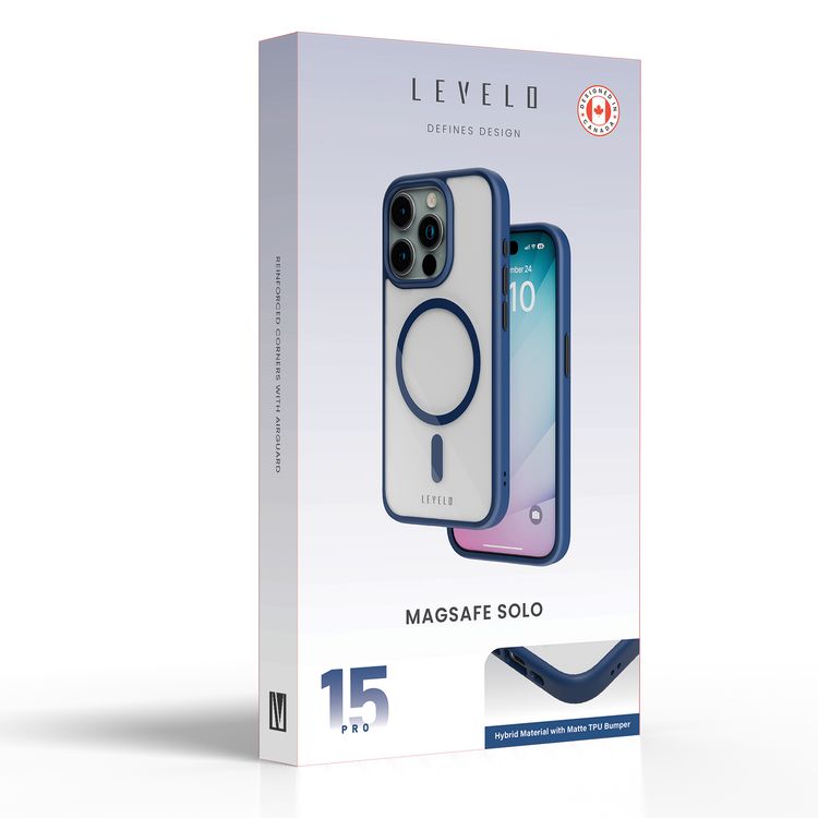 Levelo MagSafe Solo Case for iPhone 15 Pro, Hybrid Material with Matte TPU Bumper, Camera Protection, Reinforced Corners with Airguard, Shock-Proof Edges, Anti-Scratch - Blue