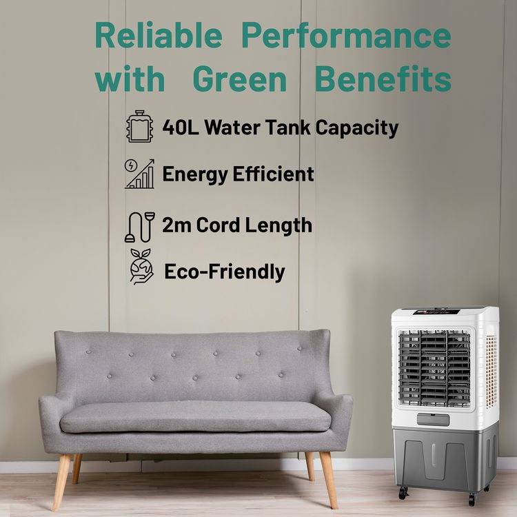Green Lion GA40 Air Cooler with 40L Water Tank Capacity, 150W Power, 2m Cord Length, UK Plug, Digital Display, Remote Control, Humidification System - White / Gray