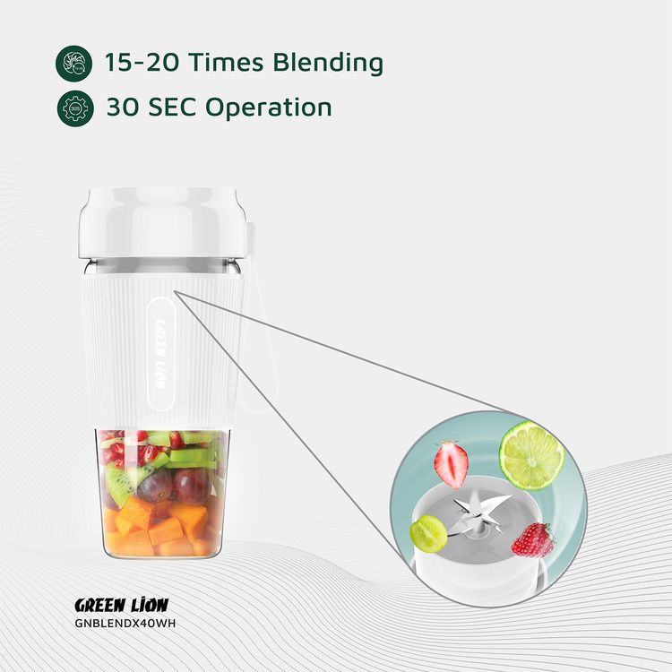 Green Lion G-Blend X Portable Juicer with 300mL Capacity, 1500mAh Battery Capacity, PC Jar Material, Stainless Steel Blade Material, Type-C Charging Port, 3-4 Hours Charging Time - White
