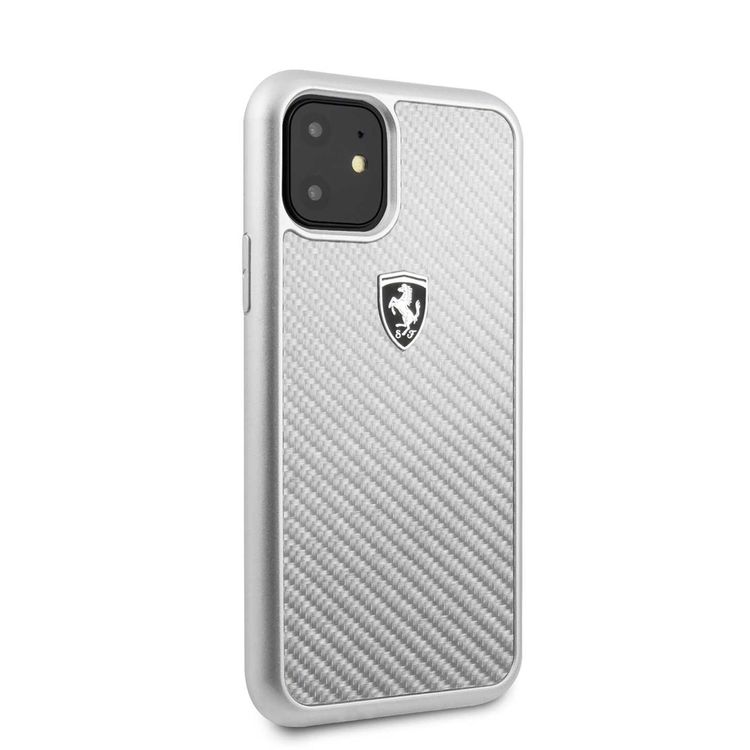 CG MOBILE Ferrari Heritage Real Carbon Hard Phone Case Compatible for Apple iPhone 11 (6.1") Anti-Scratch Mobile Case Officially Licensed - Silver