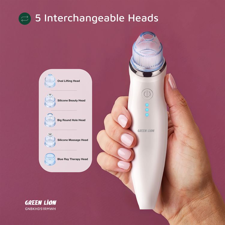 Green Lion BlackHead Remover with 5-in-1 Skin Care Solution, 2.2W Power, 3 Suction Levels, 5 Interchangeable Heads, 1.5 Hours Usage Time, Oil & Acne Control, Massage Function, LED Indicator, Deep Pore Cleansing - White