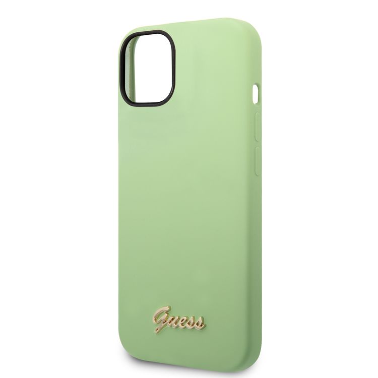 Guess Liquid Silicone Case With PC Camera Outline & Script Metal Logo - iPhone 14 - Green