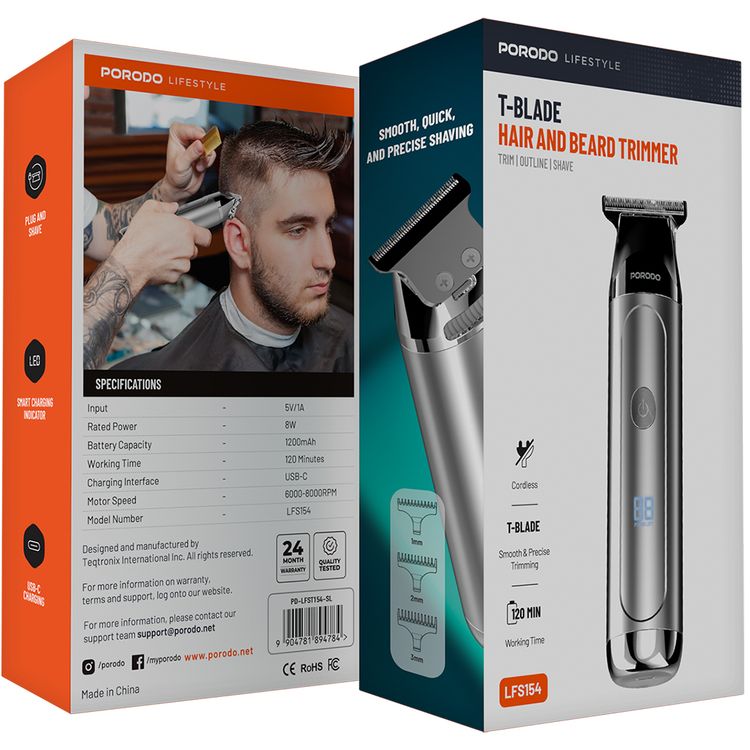 Porodo T-Blade Hair & Beard Trimmer with Smart LED Charging Indicator, 120 Minutes Working Time, 8W Rated Power, USB-C Charging Port, 1200mAh Battery, Cordless Functionality, 1, 2 & 3mm Combs Included - Silver