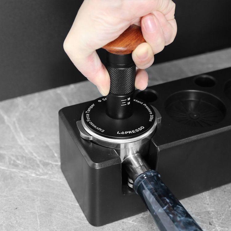 LePresso 58.5mm Impact Tamper with Thread Bottom, Aluminum, Stainless Steel & Wood Material, Compatible with 58mm Portafilter - Black