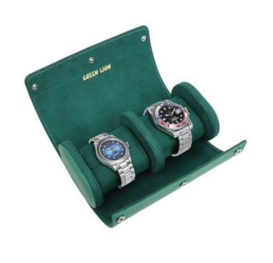 Green Lion Duo Watch Roll Case with 2 Watch Slots, Genuine Leather, Snap-Button Closure, Protective Interior, Compact Storage, Versatile Use - Rolex Green