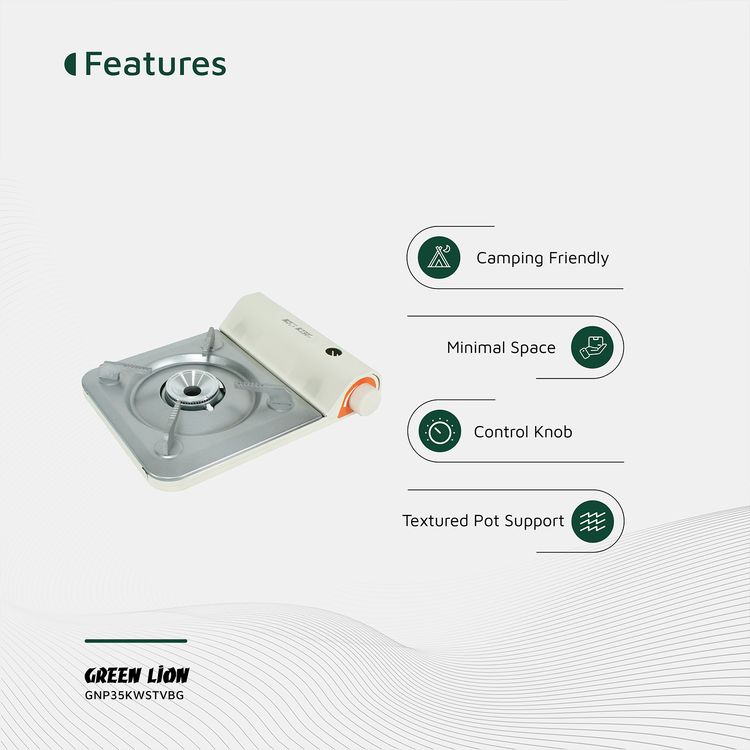 اجاق گاز در فضای باز قابل حمل شیر سبز 3.5 کیلووات، آهن + آلومینیوم + مواد PP، نوع گاز بوتان، جرقه زنی الکترونیکی، خاموش شدن ایمنی، کنترل شعله - بژ