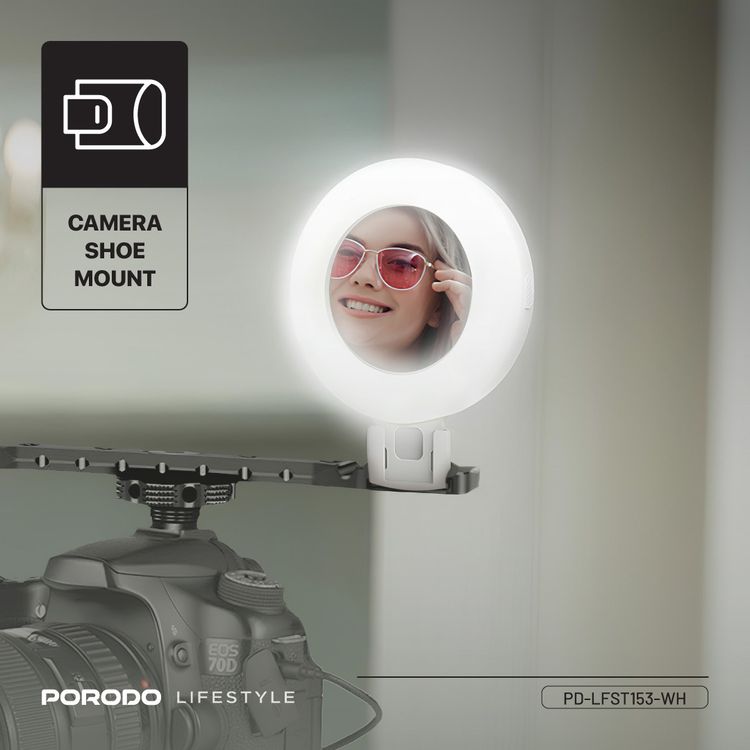Porodo Lifestyle Clip-On Mirror Fill Light with Camera Shoe Mount, Type-C Charging Port, 200mAh Battery Capacity, Up to 4 Hours Working Time, 180° Adjustable Angle, Customizable Light Modes - White