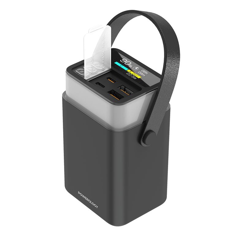 Powerology Halo Beam 40000mAh Power Bank with PD 65W, Portable Handle, Simultaneous Charging, Colorful LED Lighting, Smart Power Display, Laptop Charging - Black