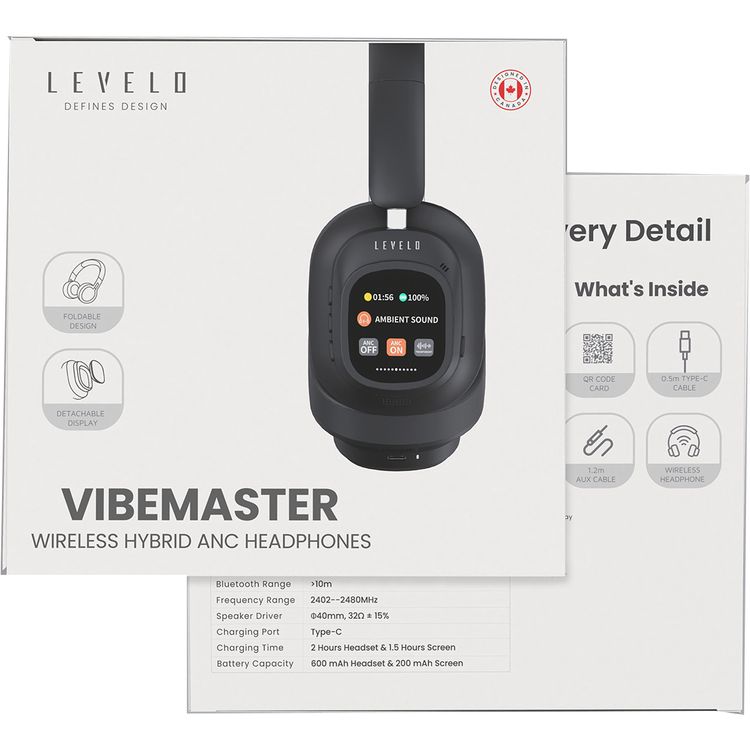 Levelo VibeMaster Wireless Hybrid ANC Headphones with Ultra-Soft Protein Leather, 1.2m AUX Cable, 2 Hours Charging Time, 600mAh Li-ion Battery, Dual Noise Detecting Microphones - Black