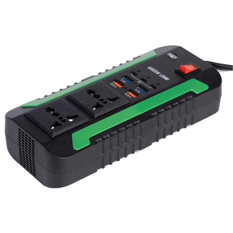 محول طاقة Green Lion Spark 300، 2 مقبس تيار متردد، 3 منافذ PD من النوع C، 4 منافذ USB-A، طاقة قصوى 300 وات، حماية من الجهد العالي - أسود