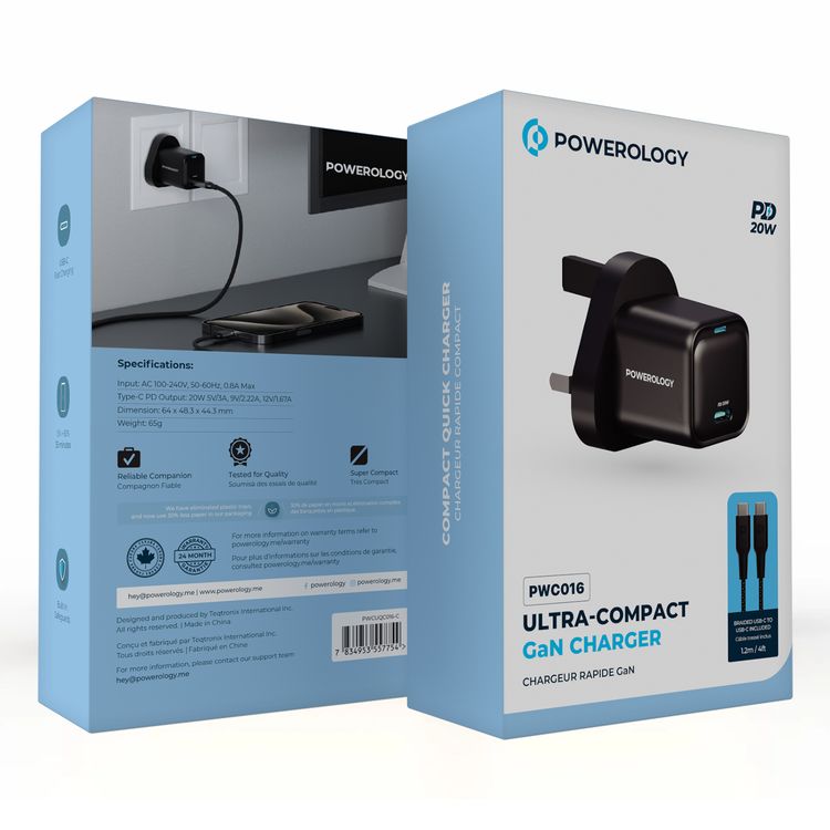 باورولوجي شاحن GaN فائق الصغر مع كابل من نوع-C إلى نوع-C، بقوة 20 واط، منفذ USB-C، دعم الشحن السريع، قابس 3 دبابيس بريطاني، تصميم مدمج وخفيف الوزن، حماية مدمجة، توافق عالمي - أسود