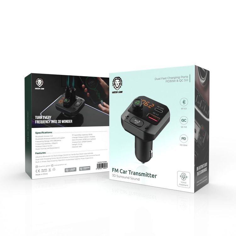 Green Lion FM Car Transmitter 3D Surround Sound - Black