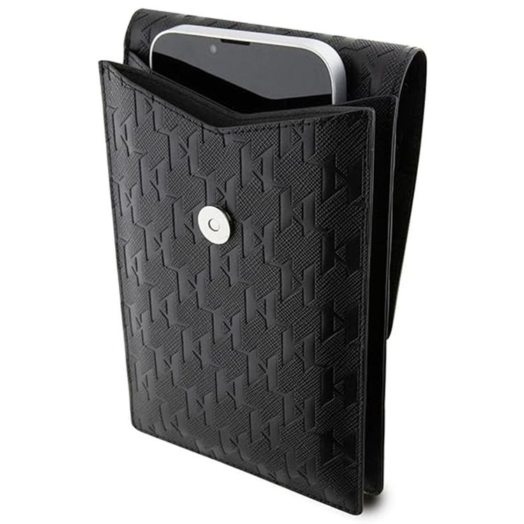 Karl Lagerfeld Saffiano Mono Ikonik Wallet with NFT Logo, Adjustable Shoulder Strap, Multiple Compartments, 3 Card Slots, Water Resistant - Black