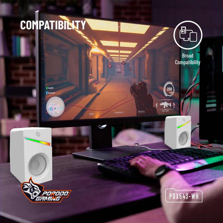  Porodo Gaming Stereo Speakers with Volume Knob Control, Broad Compatibility, Plug & Play, 6W Audio Output, 3.5mm  Audio Interface, 7 Colors Rainbow Lighting - White