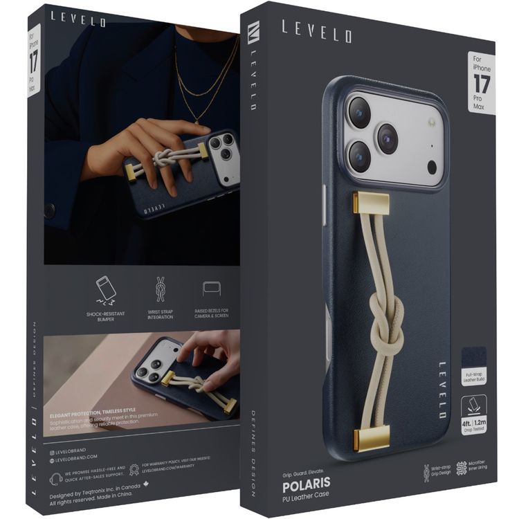 Levelo Polaris PU Leather Case with Wrist-Strap Grip for iPhone 17 Pro Max, Microfiber Inner Lining, Raised Bezels for Camera & Screen, Shock-Resistant Bumper, Drop-Tested - Dark Blue