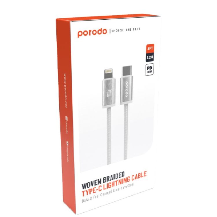 Porodo Woven 30W Type-C To Lightning Cable Cable 1.2M  - White