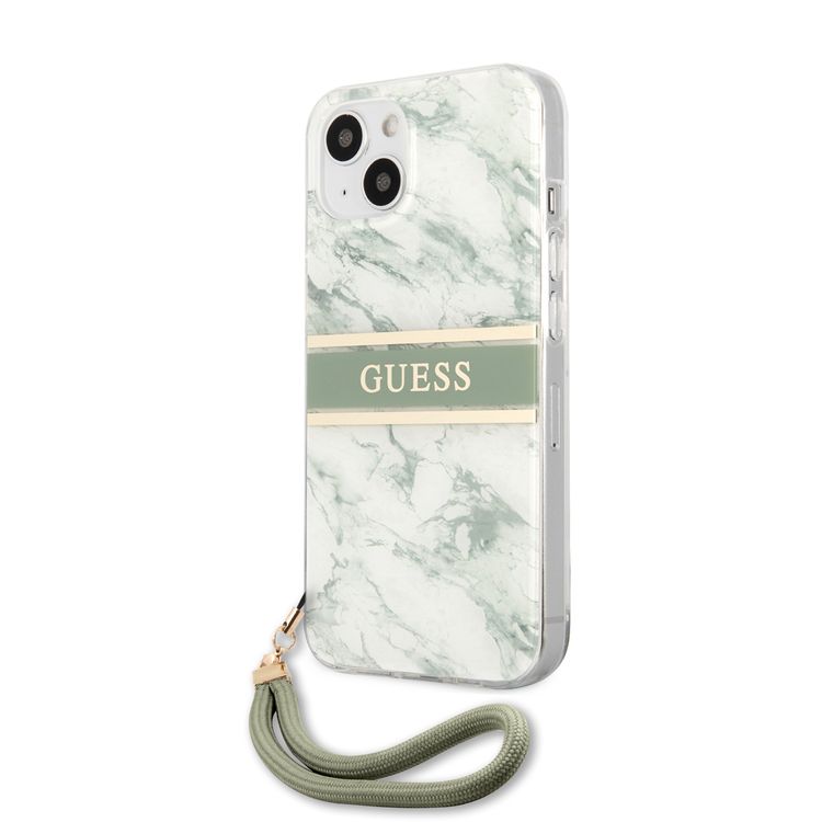 CG MOBILE Guess PC/TPU Case Marble Design & Stripe with Anti-Lost Nylon Strap for iPhone 13 (6.1") Shock Absorption & Drop Protection Suitable with Wireless Chargers Officially Licensed Green
