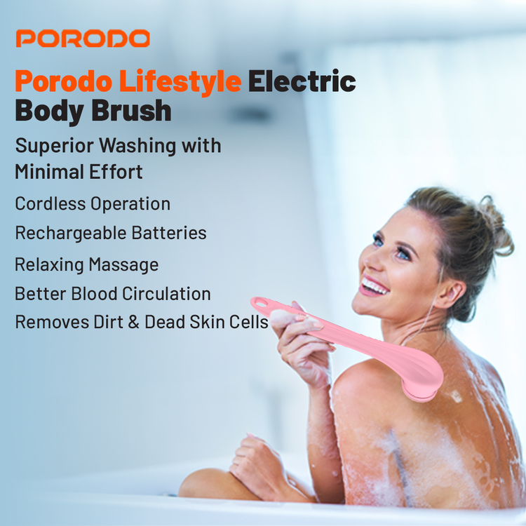 Porodo Lifestyle Electric Body Brush, Soft Bubble Loofah, Soft Cleaning Bristle, 2 Levels Speed, Type-C Charging Port, Soft Silicone Brush - Pink