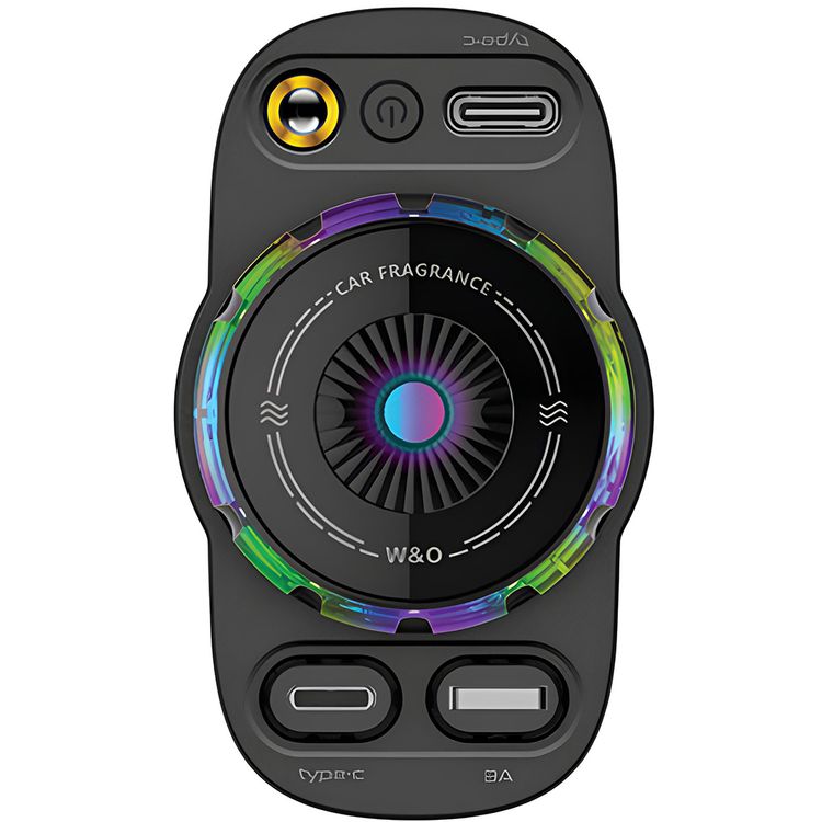 Porodo Aromaglow 120W Car Charger with Aromatherapy Diffuser, Fast Charge Support, PD 30W, 180° Adjustable Head, 2× 80cm Retractable Cables, Type-C Port, ABS + PC & Aluminum Alloy Material, LED Starry Lights, RGB Light - Black