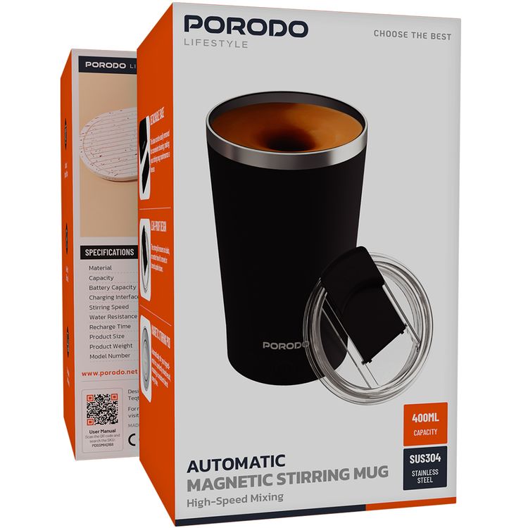 Porodo Automatic Magnetic Stirring Mug with Detachable Base Design, 7000RPM Stirring Speed, IPX6 Water-Resistance Level, 400mL Capacity, Leakproof Silicone Lid, 300mAh Battery, USB-C Charging Port - Black