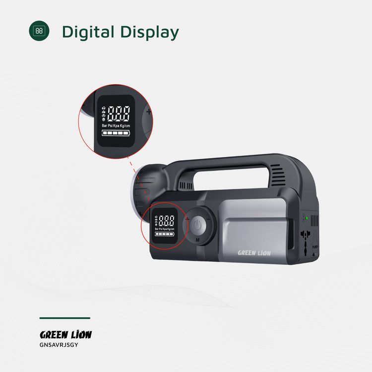 منقذ الأسد الأخضر مشغل بدء التشغيل 12V بسعة بطارية 24000 مللي أمبير، مصباح يد بقدرة 10 واط و2000 لومن، منفذي USB-A، منفذ Type-C، حماية متعددة، سيارات البنزين ذات المحرك 12V/8L - رمادي