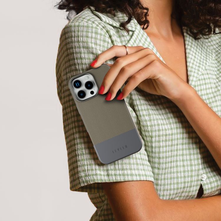 Levelo Cuir Two Tone Leather Case For iPhone 16 Pro, Durable, Compact Design, MagSafe Compatible, Hybrid Case, Impact-Resistant Corners , Aluminum Bumper Finish, High Quality Material - Gray