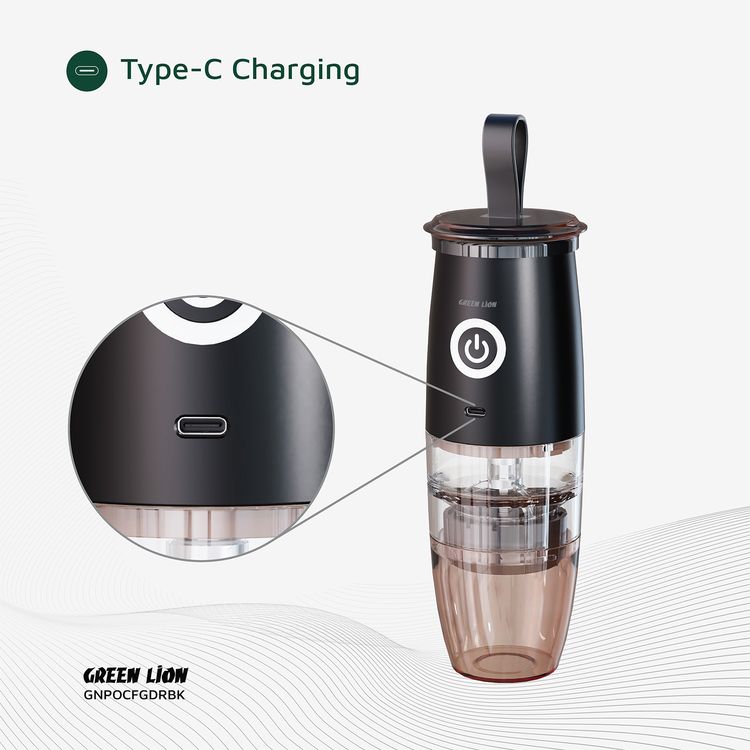 Green Lion Portable Coffee Grinder with Ceramic Griding Core, Powder Container, Type-C Charging Port, 78 RPM Motor, ABS + SUS304 Material, 30g Bean Capacity - Black
