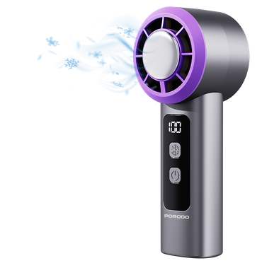 Porodo Frostwave Portable Cooling Fan with 5 Adjustable Speed Levels, 3000mAh Battery Capacity, 5 Hours Fan Working Time, 3 Hours Cooler Working Time, DC Brushless Motor, USB-C Charging Interface, Cold Breeze Function, Compact & Portable - Gray