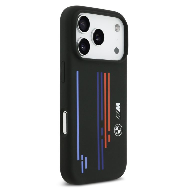 غطاء سيليكون سائل بتقنية MagSafe من BMW مع طبعة متعددة الألوان لجهاز iPhone 17 Pro، حماية من السقوط، تصميم نحيف، سهل التركيب، تغليف مستدام - لون أسود