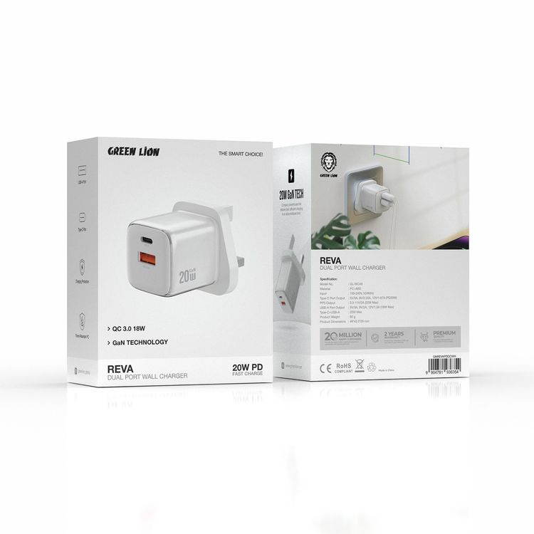Green Lion Reva Dual Port Wall Charger with Fast Charge Support, 20W Power Delivery, 18W USB-A Output, Flame-Retardant Material, Multi-Device Charging, Built-in Safeguard - White