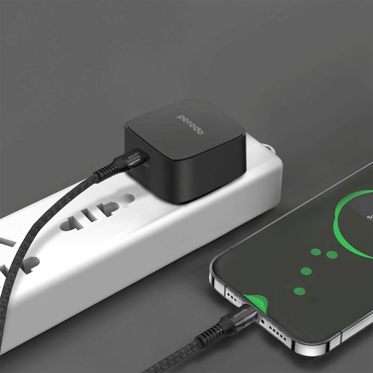 Porodo Super-Compact Fast Charger with 20W USB-C Power Delivery, Overcurrent Protection, UK 3-Pin Plug, Fire Retardant Material, 0%-60% Charge in 30 Minutes - Black