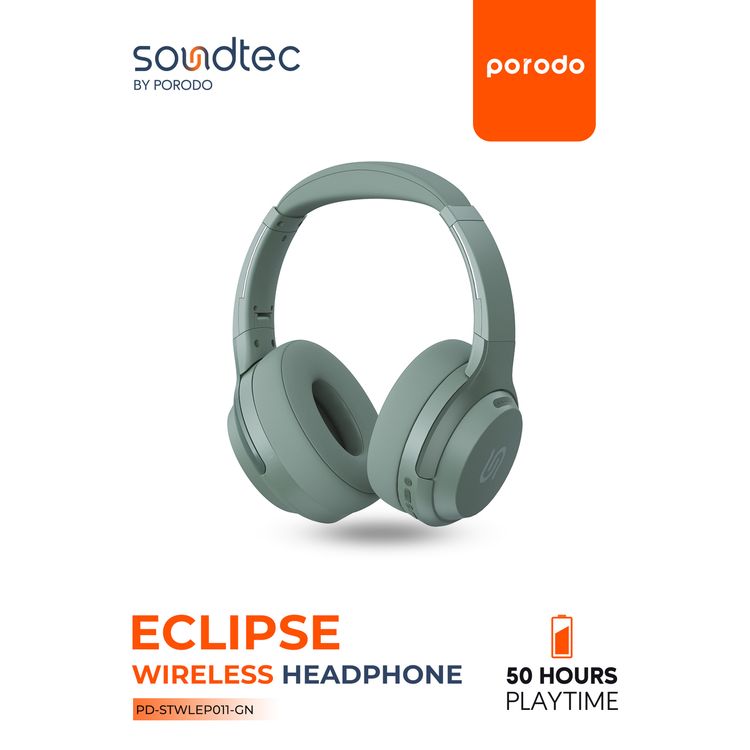 Porodo Soundtec Eclipse Wireless Over-Ear Headphones, High-Clarity Mic with ENC, 50 Hours Playtime, 400mAh Battery, Multi Function Buttons, Type C Charging, Compatible with All Phones for Enhanced Music and Calls - Green