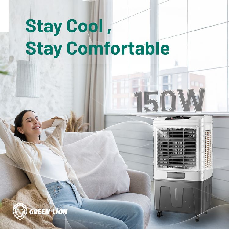 Green Lion GA40 Air Cooler with 40L Water Tank Capacity, 150W Power, 2m Cord Length, UK Plug, Digital Display, Remote Control, Humidification System - White / Gray