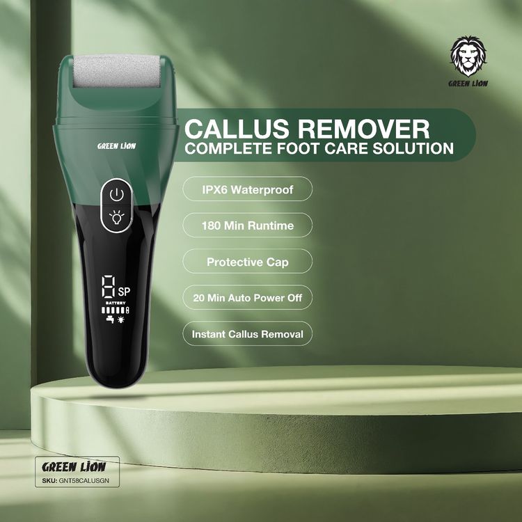 Green Lion Callus Remover with Protective Cap, 3 Detachable Roller Heads, Digital Display, 2 Speed Levels, 5W Power, 20 Minutes Auto Power-Off Function, Dual-Pin Charging Port - Green