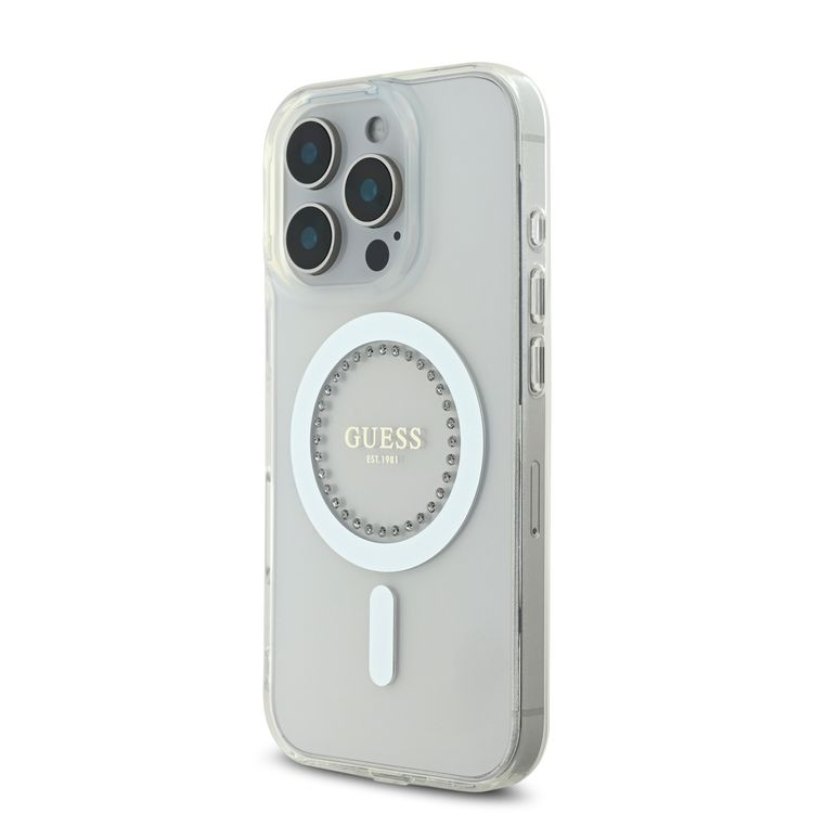 GUESS MagSafe IML Hard Case with Rhinestones Design for iPhone 16 Pro Max, Easy Snap-On, Drop Protection, Slim Profile - White
