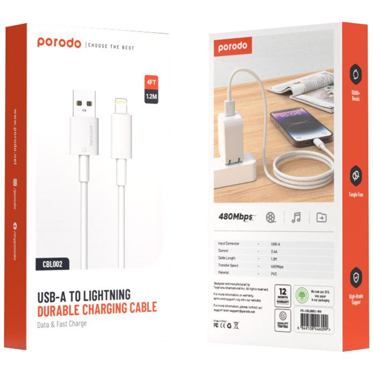 كابل USB A إلى Lightning PVC من Porodo، 480 ميجابايت في الثانية، تيار 2.4 أمبير، عمر افتراضي يزيد عن 15000 ثنية، طول الكابل 1.2 متر، خالٍ من التشابك - أبيض