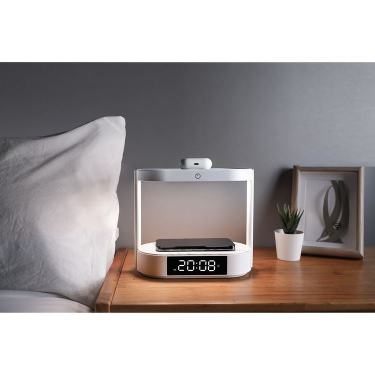 Porodo Bedside Light with Wireless Charger and Digital Clock, 3 Brightness Levels, Dual Wireless Charging, Alarm and Snooze Function, Digital Display - White