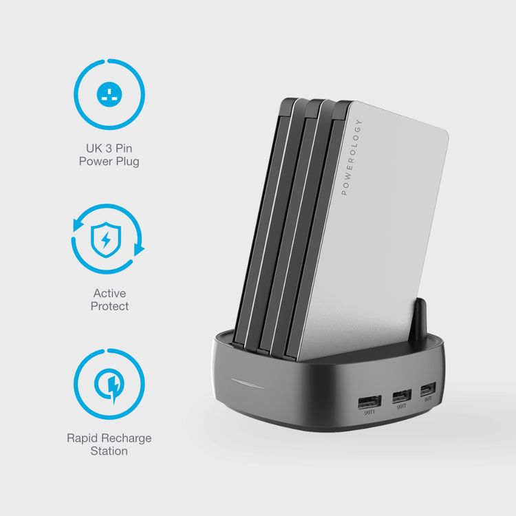 باورولوجي محطة باور بانك 8 في 1 بسعة 8000 ملي امبير في الساعة مع كابل مدمج وبنك طاقة محمول ومحطة شحن سريعة ومتوافقة مع اجهزة ايفون ، اجهزة اندرويد ، منافذ شحن من النوع سي - فضي