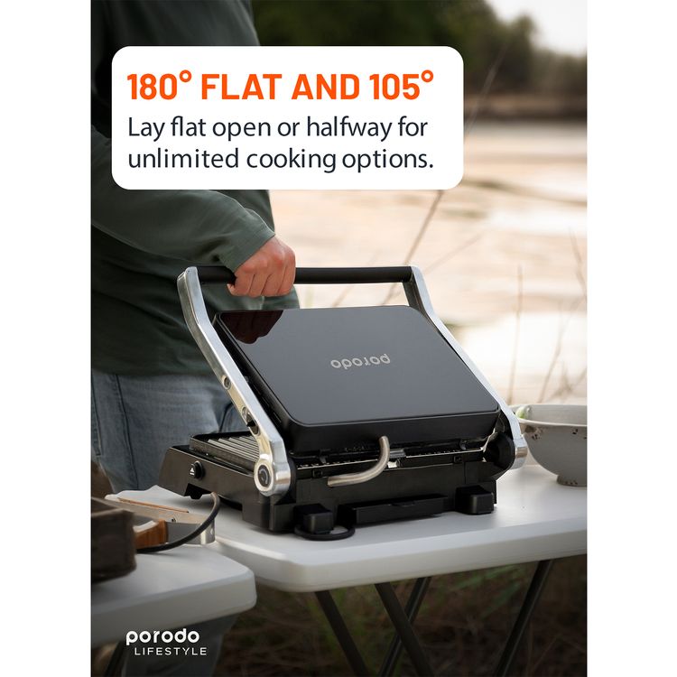Porodo Lifestyle Glasstop Digital Grill with Removable Grill Plate, 5 Preset Options, 180° Flat Open & 105° Adjustable Lid, 90°C to 230°C Temperature Control - Black