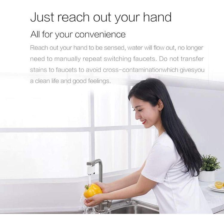 محول صنبور شاومي شياودا بدون لمس ، بالحث التلقائي بالأشعة تحت الحمراء للمطبخ والحمام موفر للمياه ومحول مستشعر الحركة للحماية من تدفق المياه ، سهل التركيب ، أبيض