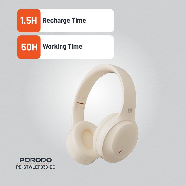  Porodo Soundtec Wireless Headphones with 400mAh Battery Capacity, 1.5 Hours Recharge Time, Up to 50 Hours Working Time, Type C Charging Port, Bluetooth V5.4 - Beige